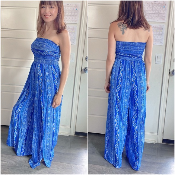 039 Boho Blue Paisley print Smocked Wide Leg Jumpsuit - Picture 5 of 5